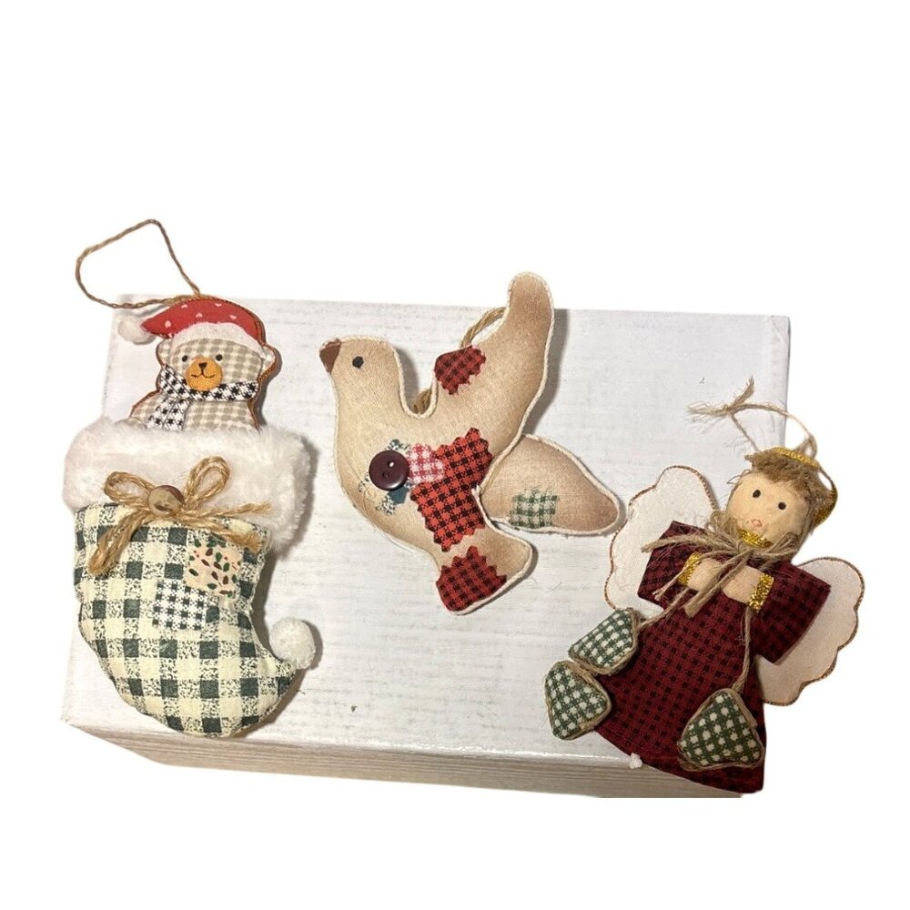 Handcrafted Christmas Ornaments Rustic Fabric Set Of 3 Angel Dove Stocking